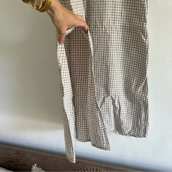 Natural/White Gingham Midi-Dress with Square Neck & Side Slit - Linen & Cotton - Picture 7 of 9